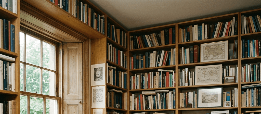 Woman writing in a notebook at a wooden desk surrounded by bookshelves in a cozy library